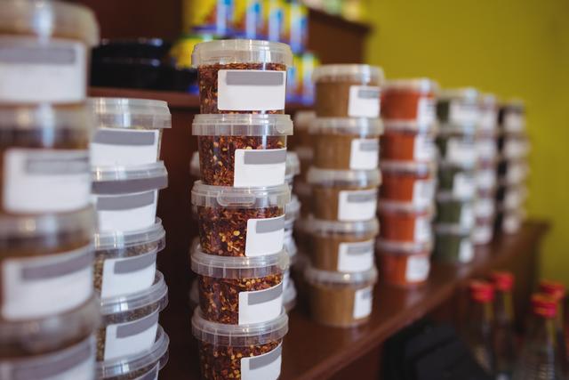 Close-up of various spice jars arranged on shelf - Download Free Stock Photos Pikwizard.com