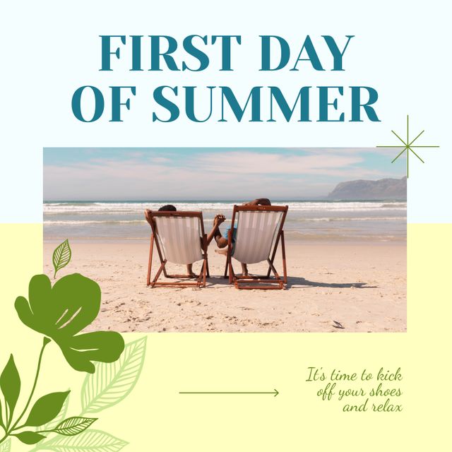 African american couple holding hands on lounge chairs at beach and first day of summer text. Composite, copy space, it's time to kick off your shoes and relax, love, season, together, enjoy, holiday.