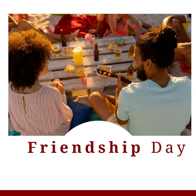 Friendship day text with young multiracial male and female friends enjoying music and beer together. digital composite, lifestyle, food, drink, leisure, togetherness, weekend, bonding.