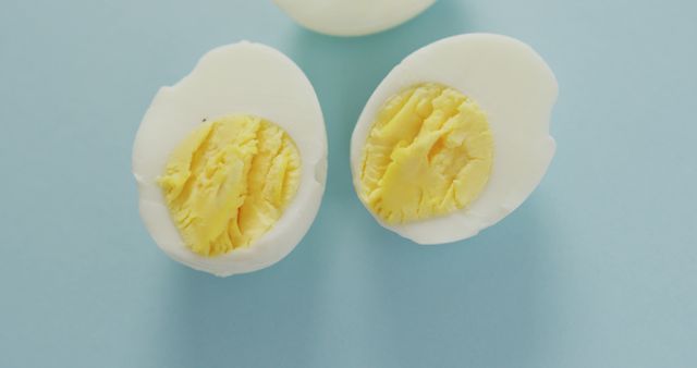 Image of overhead view of three egg halves on blue background - Download Free Stock Photos Pikwizard.com