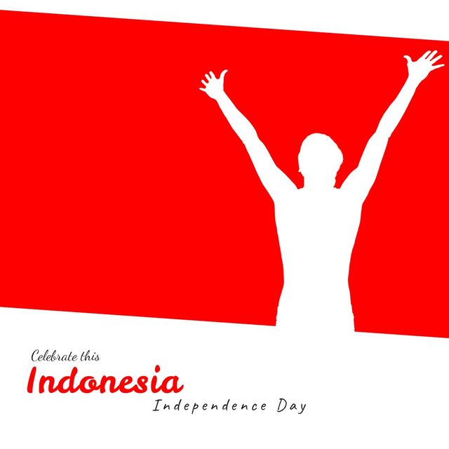 Vector image of silhouette of happy person with celebrate this indonesia independence day text. Copy space, illustration, patriotism, flag, celebration, freedom and identity concept.