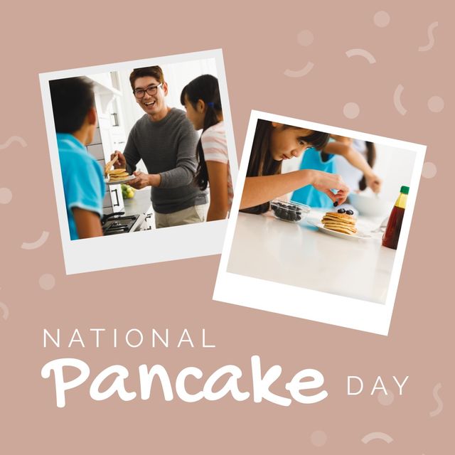 Happy pancake day text banner and asian man holding pancakes in kitchen against purple background. National pancake day awareness concept