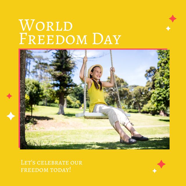 Happy caucasian girl rope swinging in park with world freedom day text in yellow frame, copy space. Digital composite, celebration, victory over communism, holiday, freedom, enjoyment.