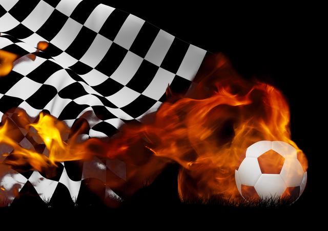 Checkered flag and soccer ball with flames against black background - Download Free Stock Photos Pikwizard.com