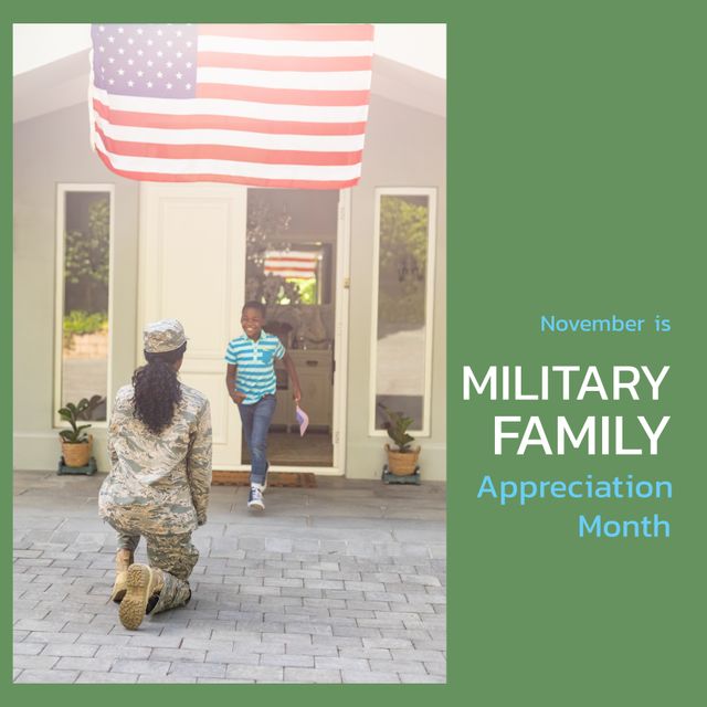 Image of military family appreciation day over african american soldier mother welcoming son. Military, army, family and american patriotism concept.