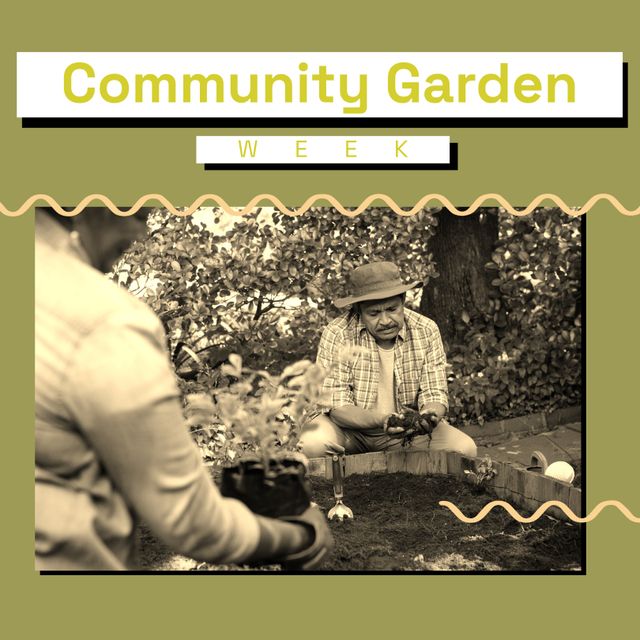 Composition of community garden week text over senior biracial couple gardening. Community garden week and celebration concept digitally generated image.
