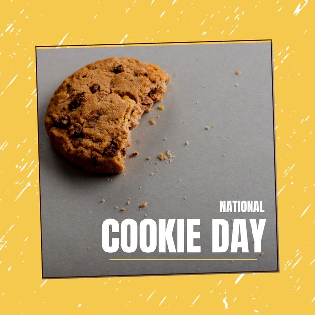 Composite of national cookie day text and half eaten cookie in frame over yellow background. Copy space, biscuits, food, holiday, sweet, tradition and celebration concept.