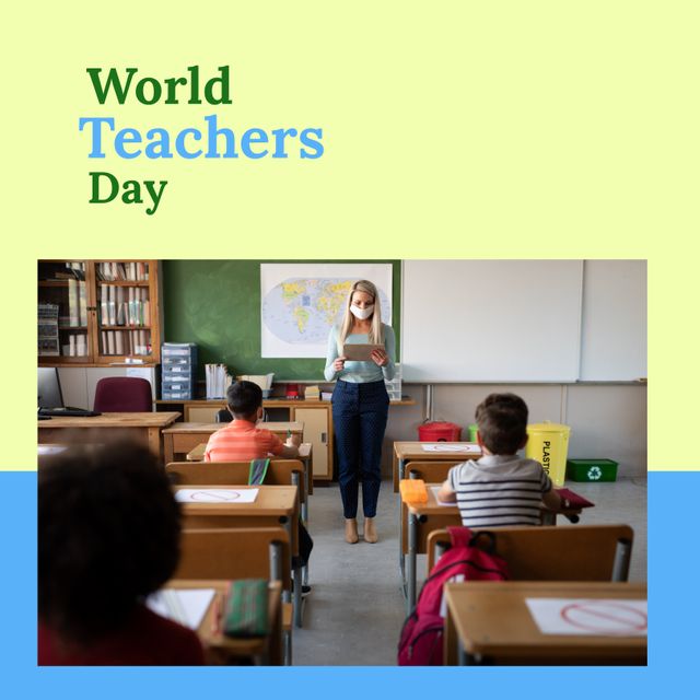 Composition of world teachers day text with diverse teacher and schoolchildren on yellow background. World teachers day and celebration concept digitally generated image.