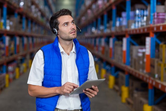 Warehouse worker holding digital tablet in warehouse