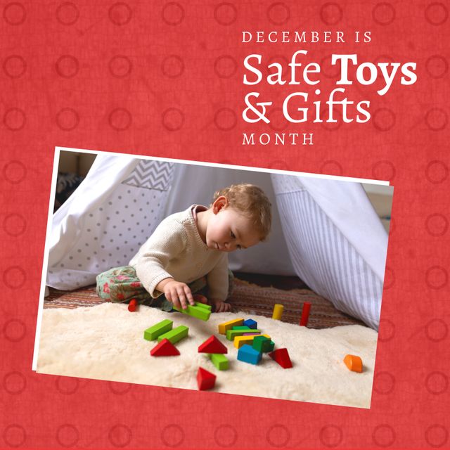 Square image of save gifts and toys text with playing baby picture over red background. Save gifts and toys campaign.