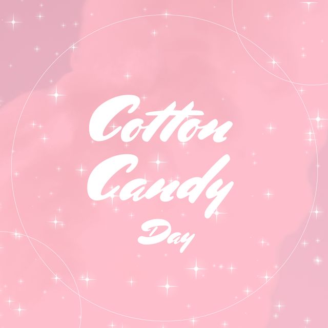 Illustration of cotton candy day text with shining stars and circles over pink background. Copy space, galaxy, sweet, food, geometric shape and celebration concept.