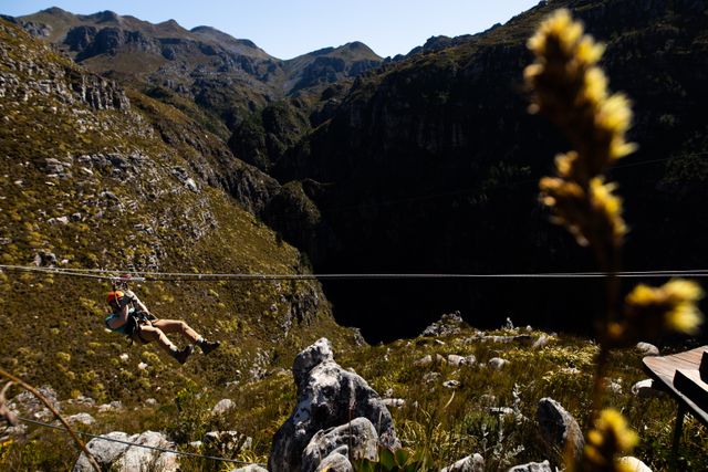 Caucasian man zip lining while enjoying time in nature - Download Free Stock Photos Pikwizard.com