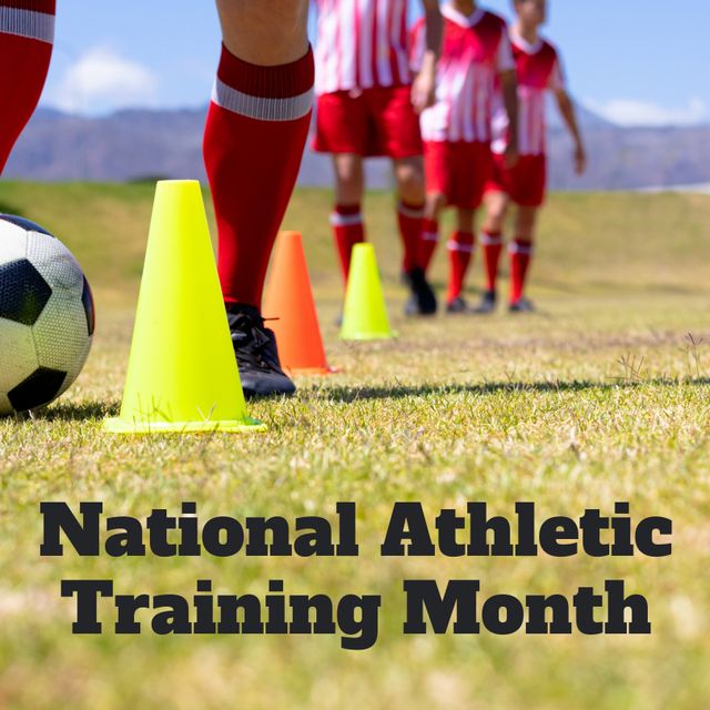 Notional athletic training month text in black over diverse male football team practicing with ball. Sports practice, fitness and training celebration.