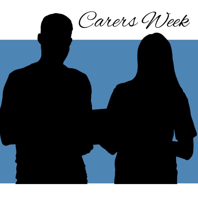 Digital composite image of carers week text on silhouette man and woman over white background. vector, altruism and awareness concept.