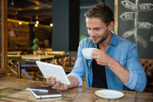 Smiling man using digital tablet while drinking coffee - Download Free Stock Photos Pikwizard.com