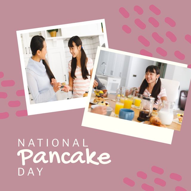 Square image of pancake text with happy biracial mother and daughter eating pancakes. National pancake day concept.