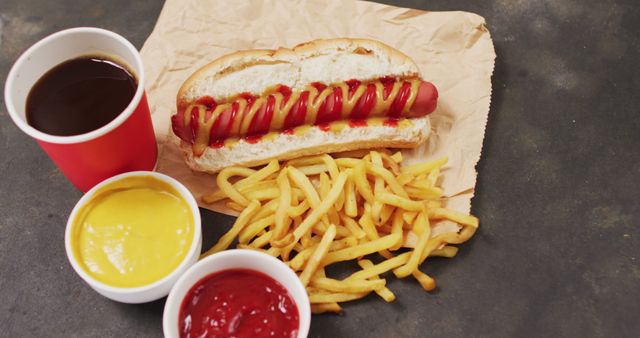Image of hot dog with mustard, ketchup and chips on a black surface. food, cuisine and catering ingredients.