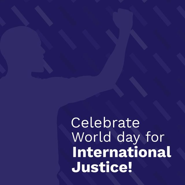Illustration of blue silhouette man with celebrate world day for international justice text. copy space, human rights, law, justice, equality, celebration, day of international criminal justice.