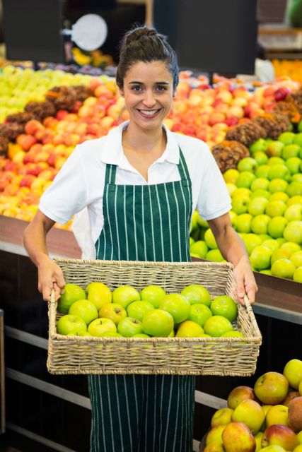 Smiling female staff holding a basket of green apple at supermarket - Download Free Stock Photos Pikwizard.com