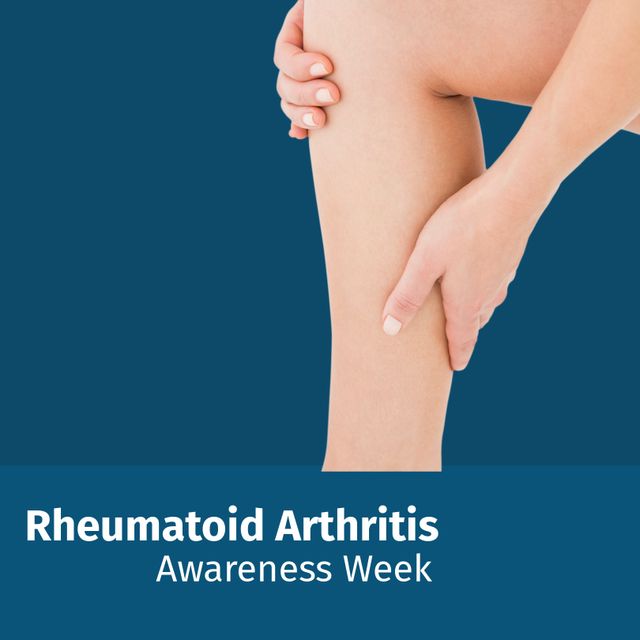 Composite of caucasian woman touching leg and rheumatoid arthritis awareness week text, copy space. Blue background, pain, disease, joints, autoimmune, healthcare, awareness and prevention concept.