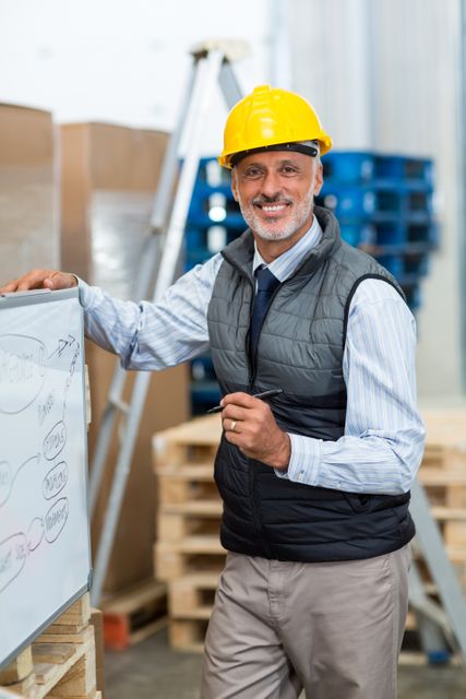 Portrait of warehouse worker standing near whiteboard in warehouse