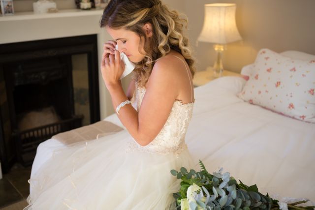 Sad bride crying while sitting on bed - Download Free Stock Photos Pikwizard.com