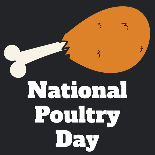 National poultry day text in white with chicken drumstick illustration on black background. Poultry food celebration and awareness campaign.