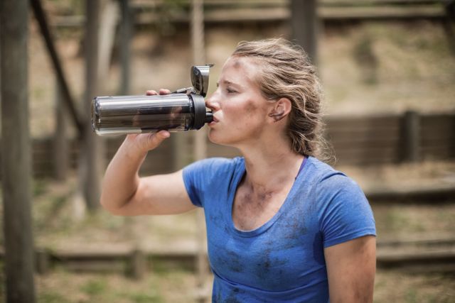 Woman drinking water from bottle during obstacle course - Download Free Stock Photos Pikwizard.com