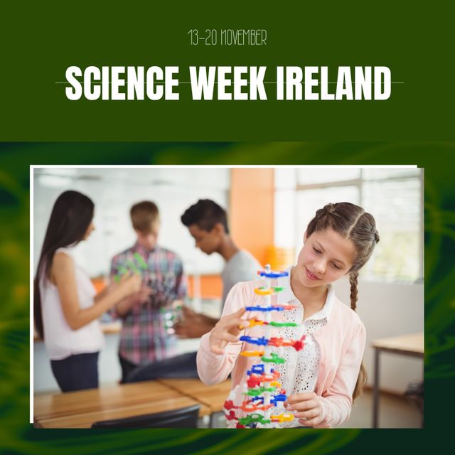 Composition of science week ireland text over diverse students in lab. Science week ireland and celebration concept digitally generated image.