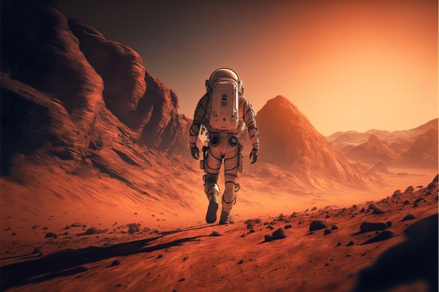 Astronaut exploring planet mars with mountains, created using ...