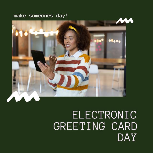 Composition of electronic greeting card day text over african american businesswoman using tablet. Electronic greeting card day and celebration concept digitally generated image.