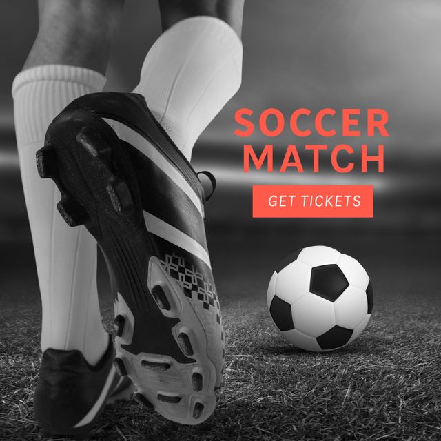 Composition of soccer match get tickets text and footballer with football on pitch. Football, sports and competition concept.