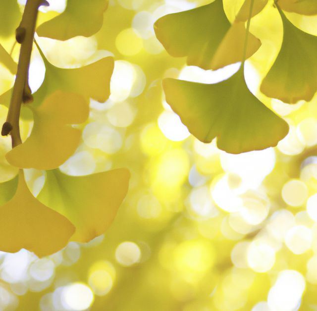 Close up of green leaves of ginkgo tree on sunny day. Nature, harmony and tree concept.