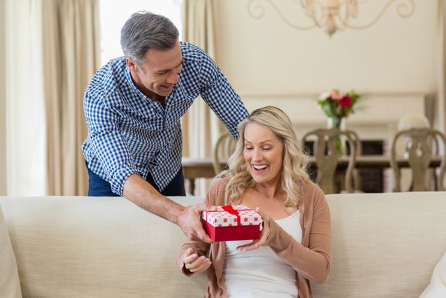 Man surprising woman with a gift in living room - Download Free Stock Photos Pikwizard.com