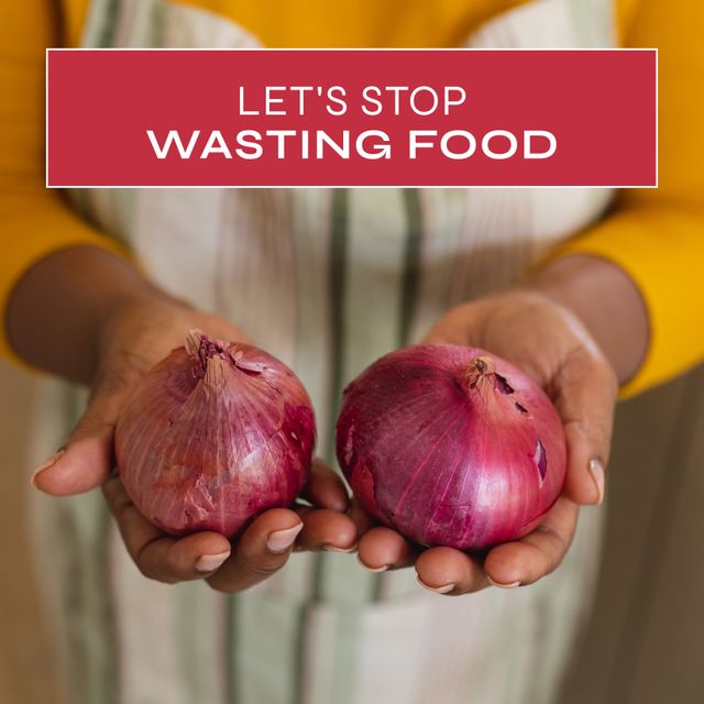 Composite of let's stop wasting food text over closeup of african american woman holding onions. Hand, food, fresh, vegetable, awareness, avoiding and campaign concept.
