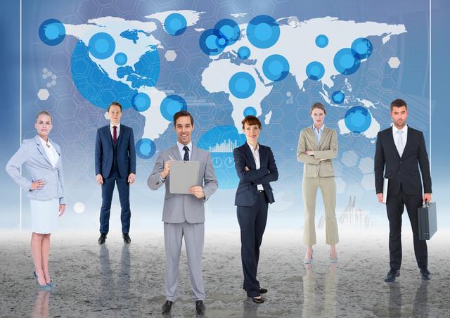 Businesspeople standing against world map background - Download Free Stock Photos Pikwizard.com