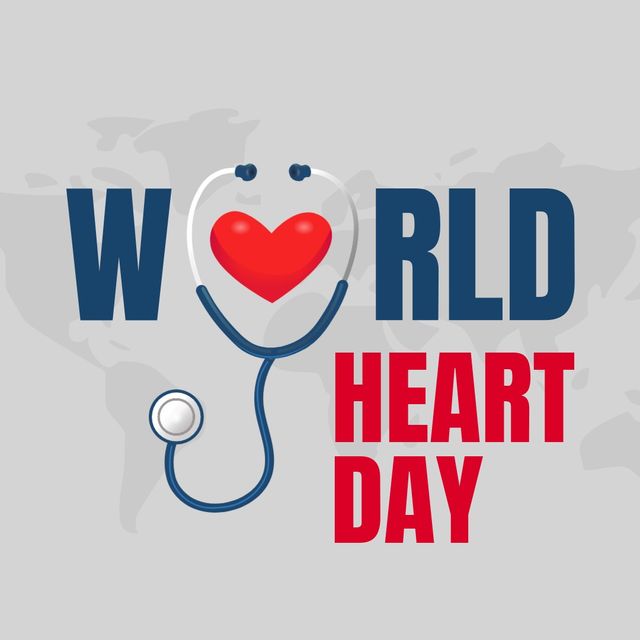 World heart day text banner with red heart and stethoscope against world map on grey background - Download Free Stock Templates Pikwizard.com