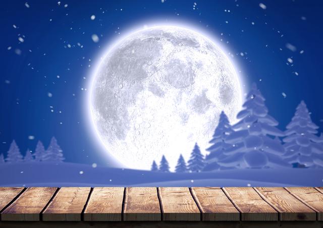 Wooden plank against snow forest and full moon - Download Free Stock Photos Pikwizard.com