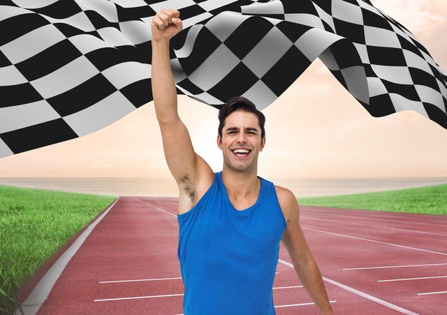 Male athlete raising hands at finishing point with checker flag - Download Free Stock Photos Pikwizard.com