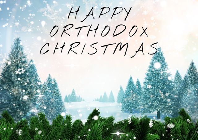 Composition of happy orthodox christmas text with spruce trees and snow in background, copy space - Download Free Stock Photos Pikwizard.com