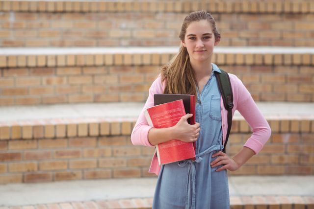 Portrait of schoolgirl standing with schoolbag and books in campus - Download Free Stock Photos Pikwizard.com