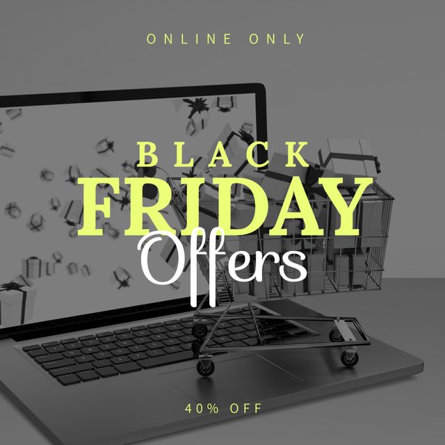 Composition of online only black friday offers 40 percent off text over laptop and presents. Black friday, shopping and retail concept digitally generated image.