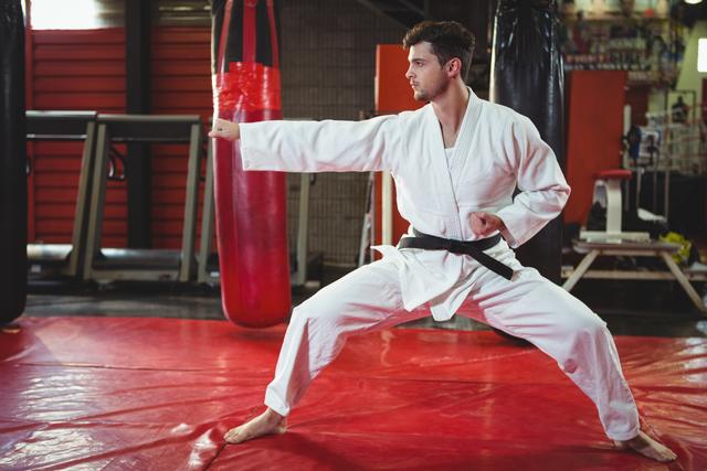 Karate player performing karate stance in fitness studio