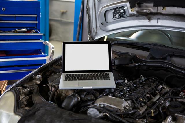 Laptop on car bonnet at repair garage