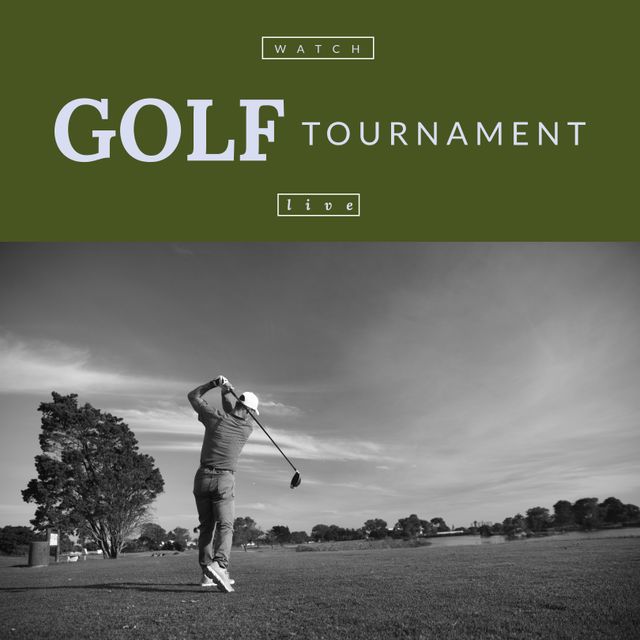 Composition of golf tournament text over caucasian man playing golf. Golf tournament and sport concept digitally generated image.