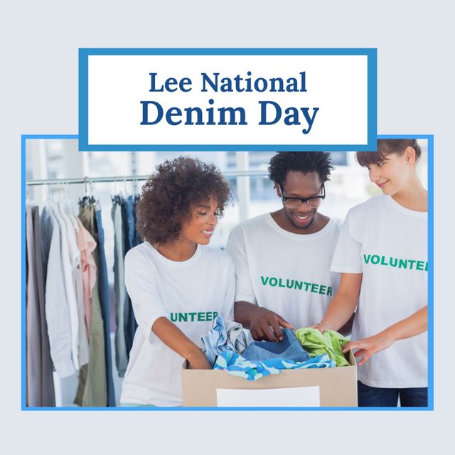 Composition of lee national denim day text over diverse volunteers