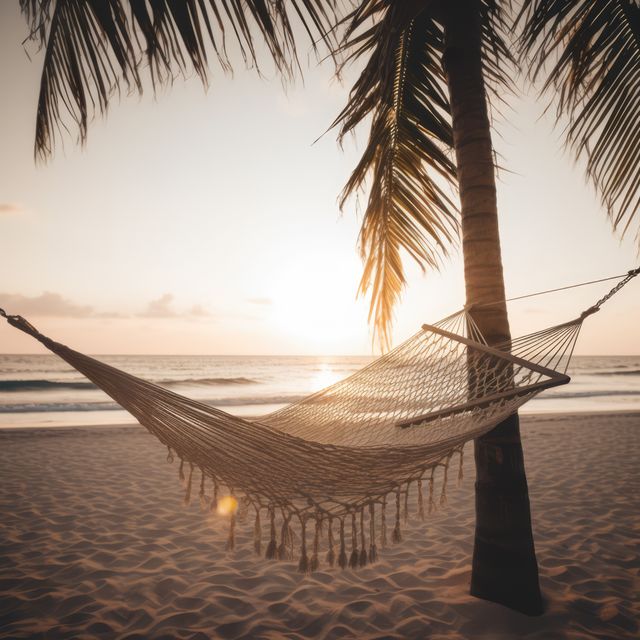 Wicker hammock on beach with palm tree, created using generative ai ...