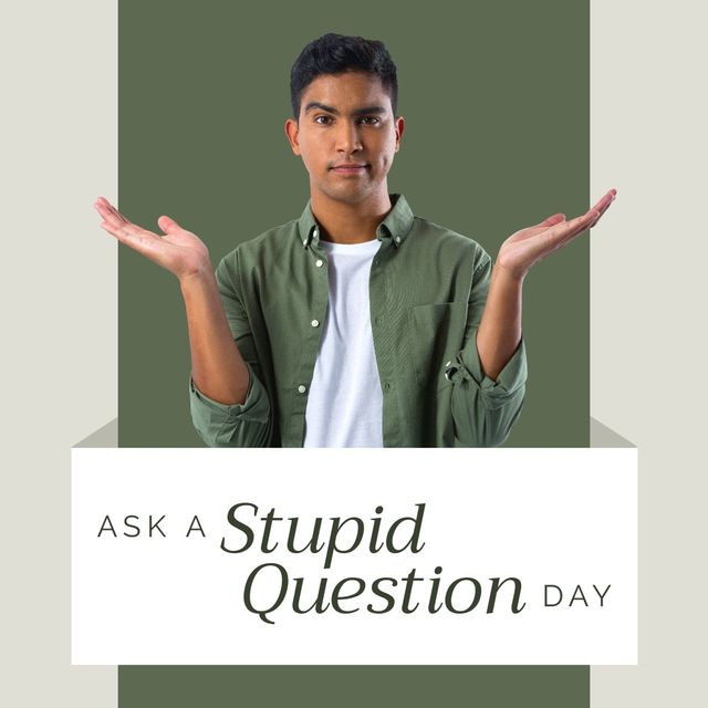Portrait of biracial young man shrugging shoulders and ask a stupid question day text, copy space. Composite, confusion, education, knowledge, problem, holiday and celebration concept.