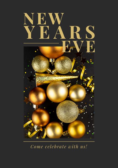 Composition of new years eve text over decoration with gold baubles. New years eve party and celebration concept digitally generated image.