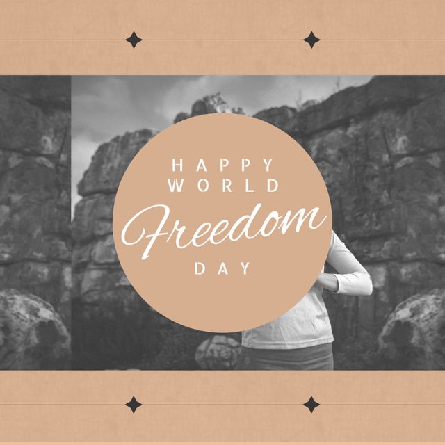 Digital composite image of cropped woman against mountains with happy world freedom day text. Copy space, celebration, victory over communism, holiday, freedom.